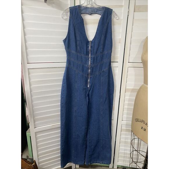 Y2K Blue Denim Jeans One Piece Jumper Pants Suit Women’s S Small 100% Cotton - Picture 1 of 8